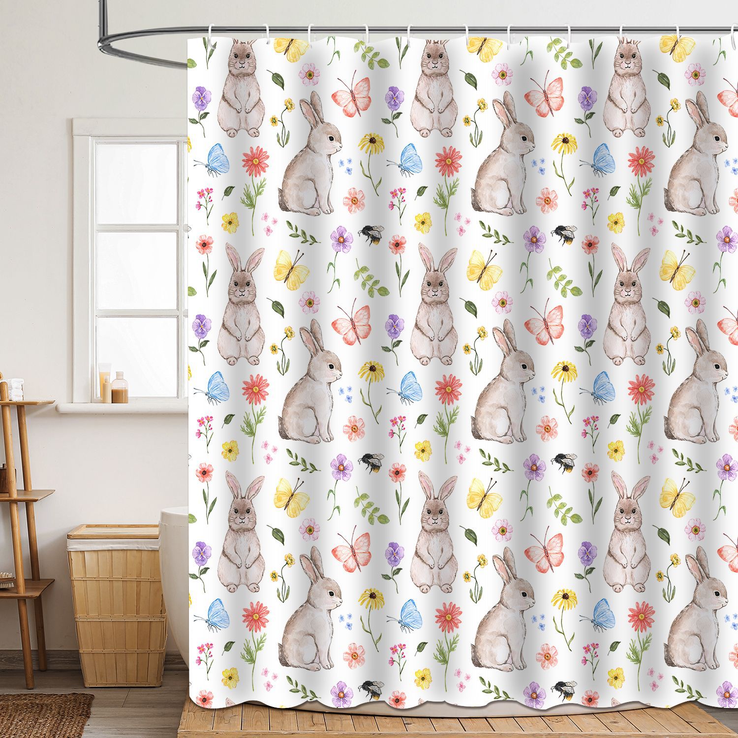 YL-37844 Shower curtain digitally printed with Easter bunny and egg designs, polyester waterproof and mildew-proof shower bathroom partition curtain