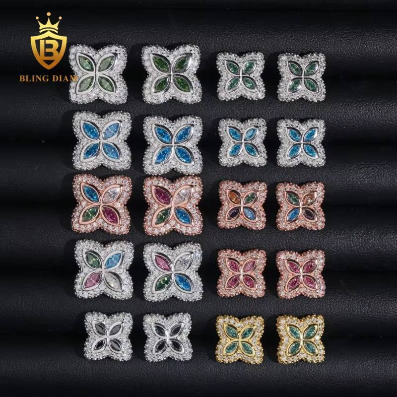 Hot Sale GRA Certificate VVS1Iced Out Colored Moissanite Four-Leaf Clover Earrings 925 Sterling Silver Gold Plated Hiphop Style