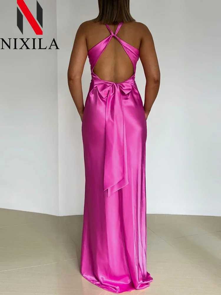 Summer elegant womens fashion sexy V-neck solid shoulder strap backless long ultra-thin satin beach party dress womens clothing W250430