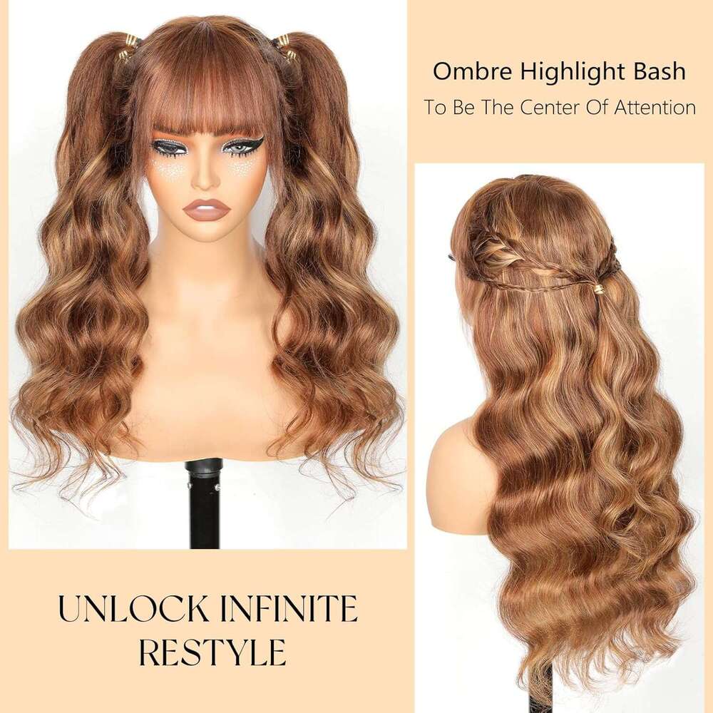 Ruiyu Ombre Highlight Wig with Bangs 2x4 HD Lace Front Closure Body Wave Wear and Go Glueless Highlights 4/27 Honey Blonde Brown Colored 100% Human Ha