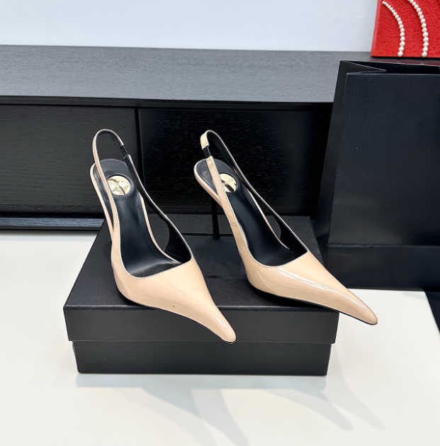Apolline Curved Straight Heel slingback pumps Sexy Lady's Metal Heeled Designer Pump Sandal Elongated Pointed Toe Slingback sandal Black Patent leather