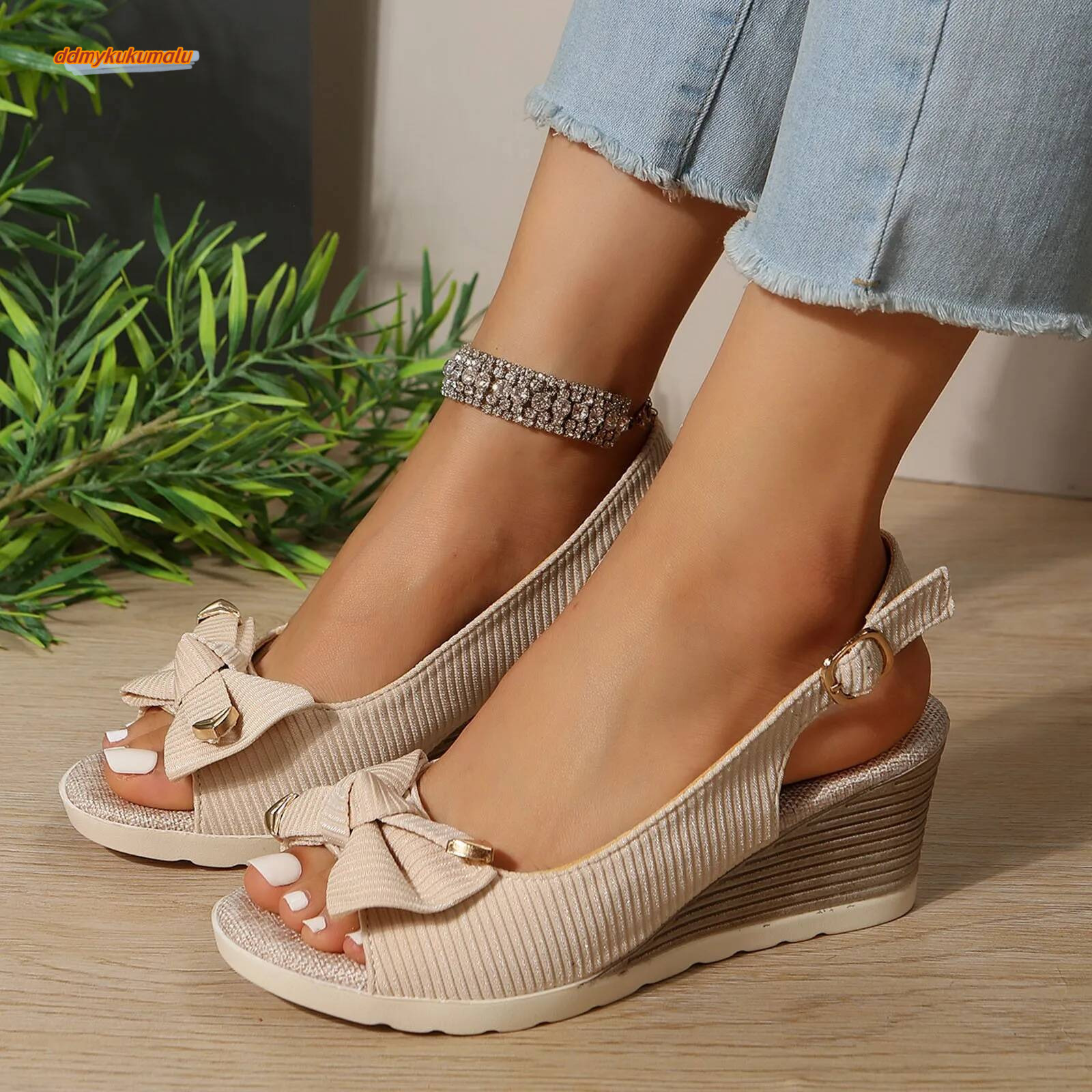 Ladies' Fashion Summer Solid Suede Bow Fabric Open Toe Wedge Heel Thick Sole Fish Mouth Platform Sandals 2025 Trend ddmykukumalu