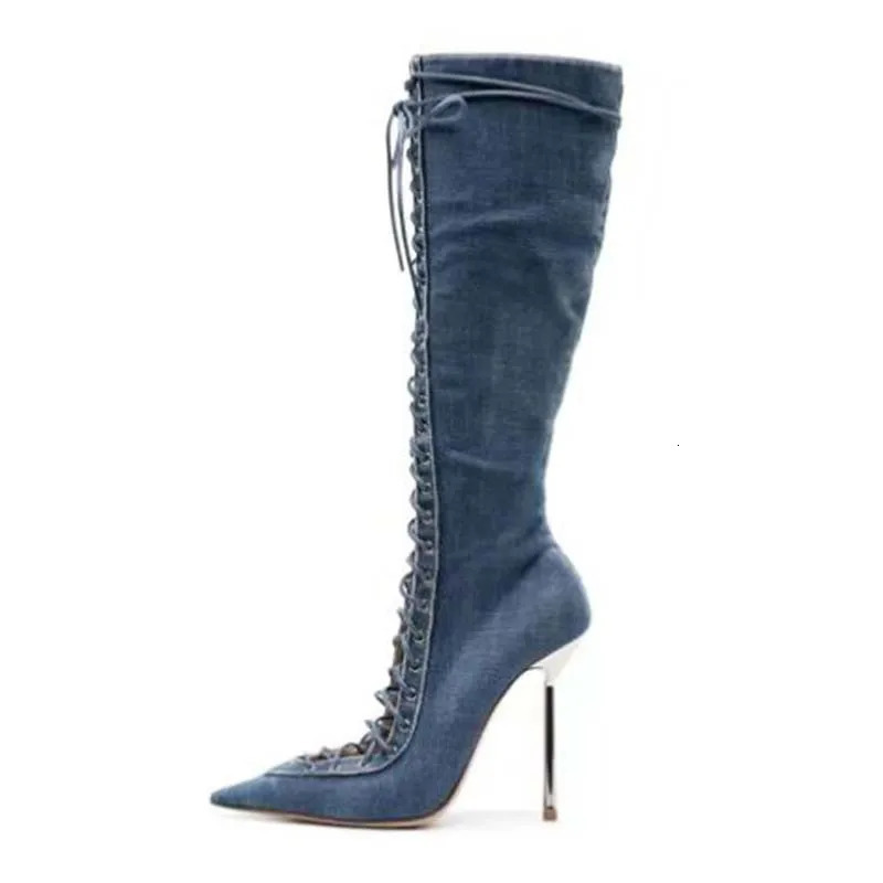 Mesh Pointed Toe Hollow Cross-Strap Stiletto Boots Woman Winter 2025 Black rear Zipper Knee-High Summer Boots Fashion Shoes 250428
