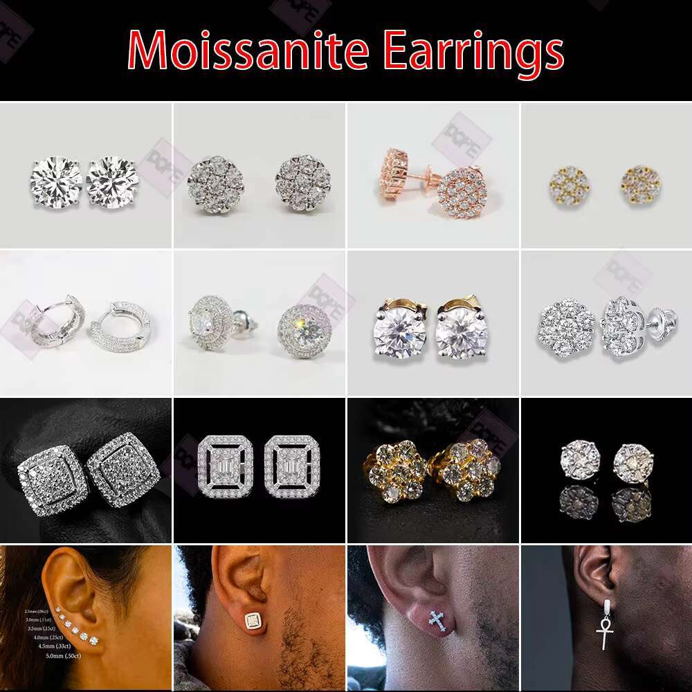 Pass Diamond Tester Iced Out Moissanite Hiphop VVS Custom Earrings 925 Sterling Silver Sparkling Moissanite Earrings