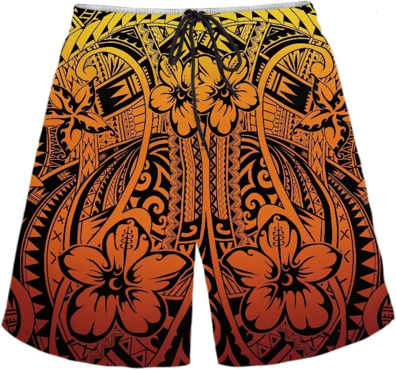 Polynesian Style Prints Mens Shorts Casual Mens Athletic Shorts Samoa Print Colorful Hemp Leaves Men's Shorts Fashionable and minimalist