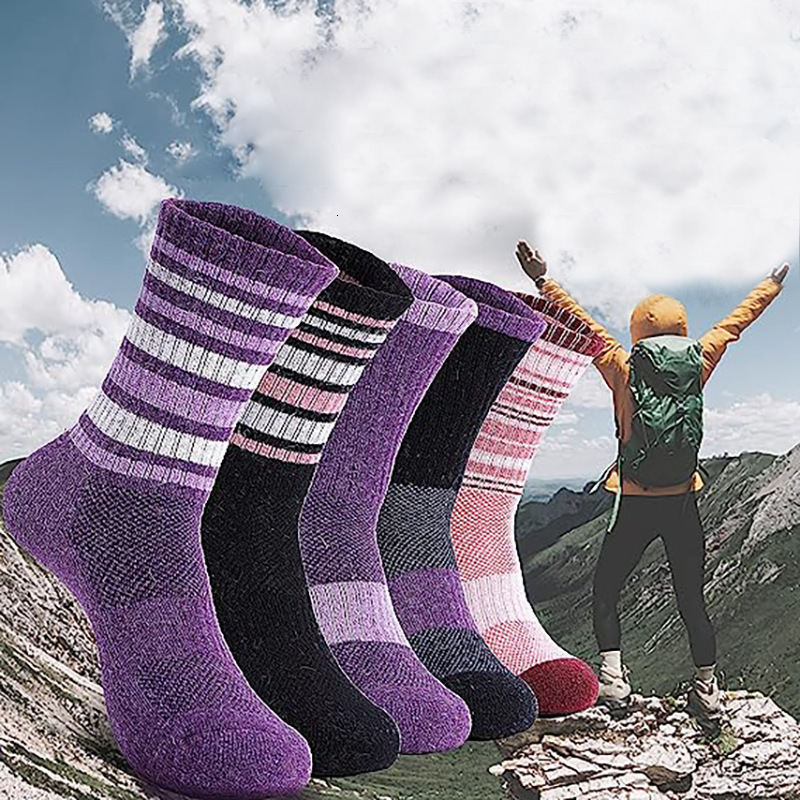 Merino wool for women's warm winter boots, work padded socks, outdoor mid length striped hiking socks