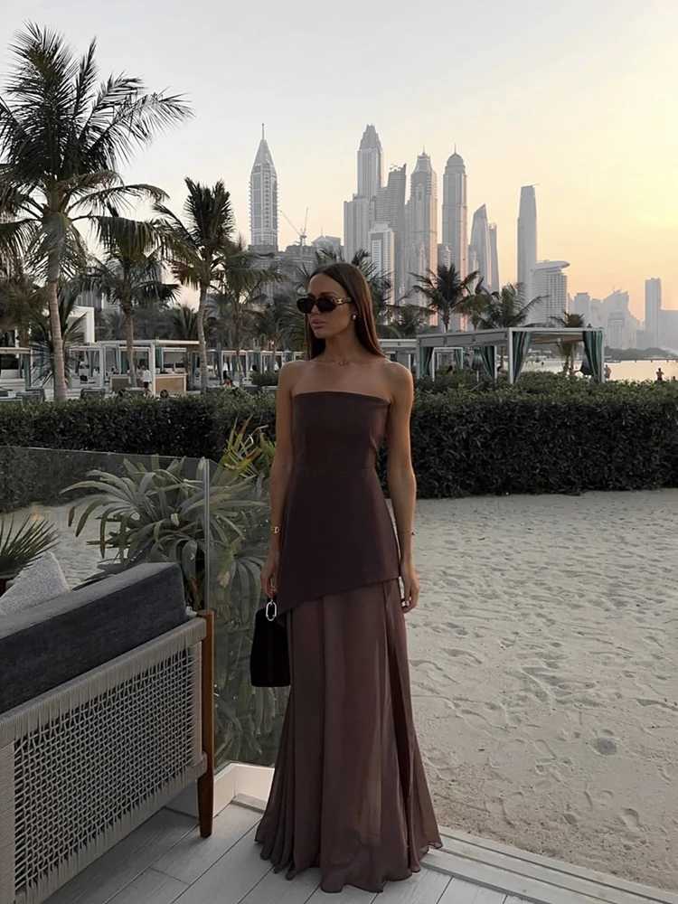 Summer 2025 Womens Fashion Strapless Dress with Ribbon Splicing Work Elegant Sleeveless Mesh Splicing Dress Vacation Beach Long Dress W250430