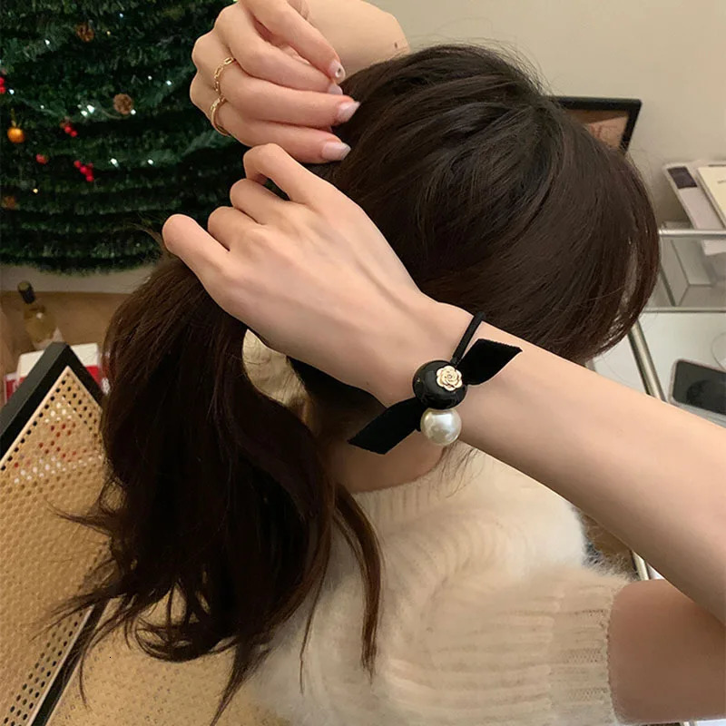 Women Black Golden Camellia Scrunchies Elastic Hair Bands France Elegant Pearl Print Hair Ties Rubber Bands Headbands Turbans 251129 - view 4