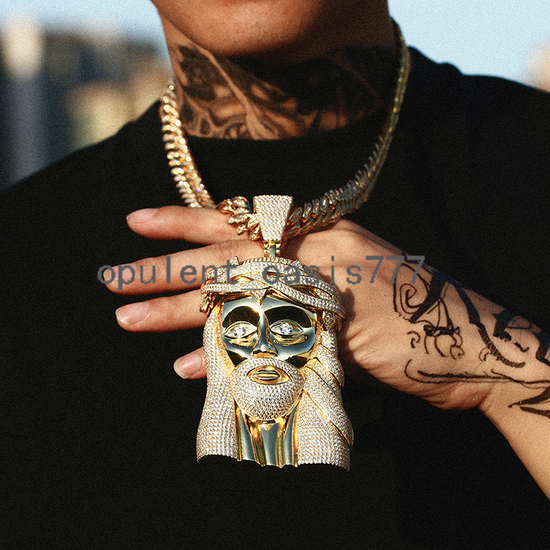 Iced Out Hip Hop Jewelry Big Size 18K Gold Plated Brass moissanite Diamond Jesus Pendant Necklace With Cuban Link Chain for Men