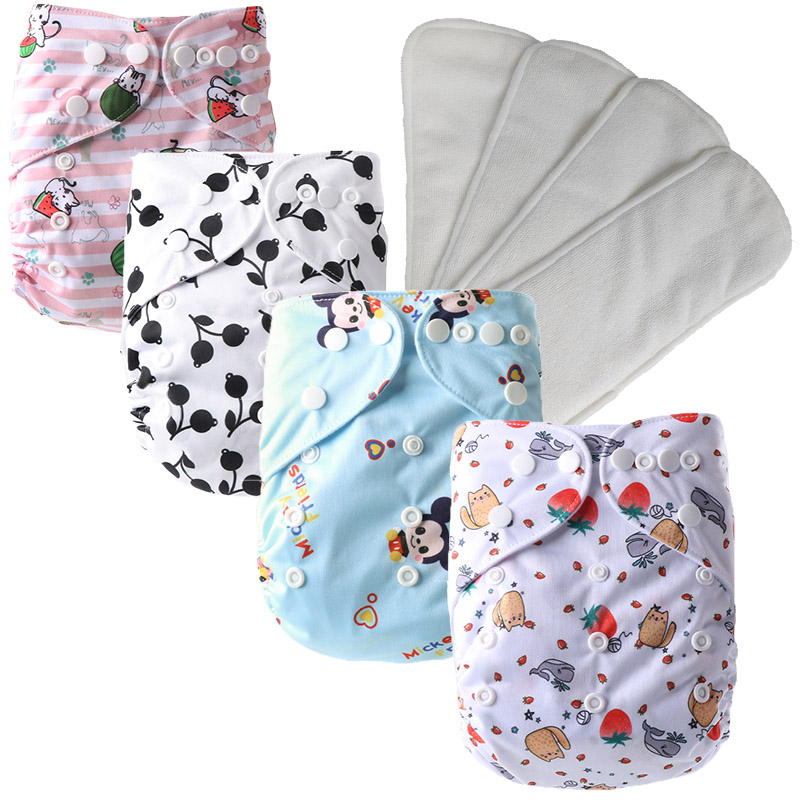 Reusable Baby Cloth Diaper Washable One Size Fit 3-15 KG Soft and Breathable Baby Pocket Diaper Newborn Nappies Diapers with Microfiber Insert 4 Sets 