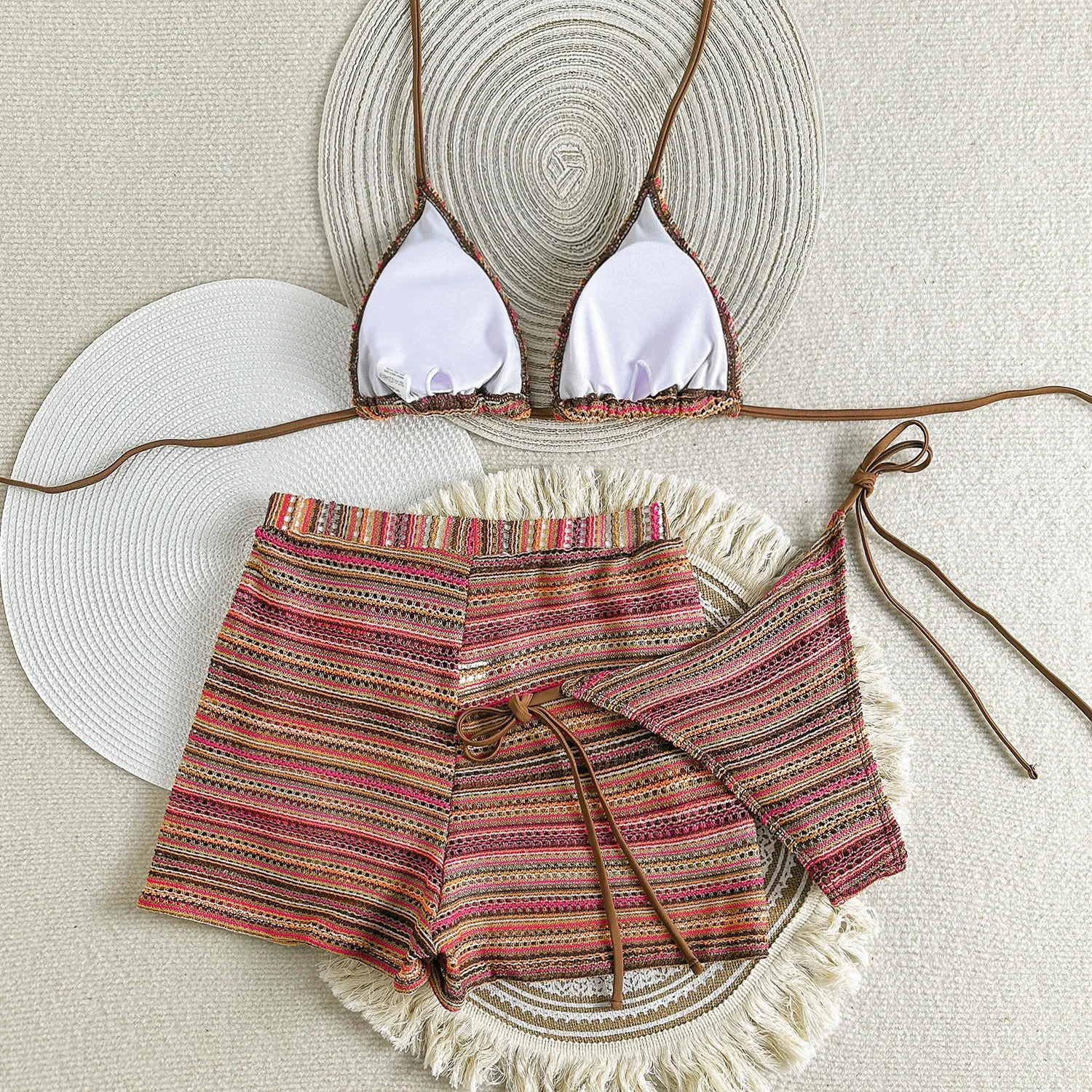 sexy knitted striped halter tie bikinis sets three pieces with shorts swimsuits beachwear bathing suit swimwear biquini tankini 250428