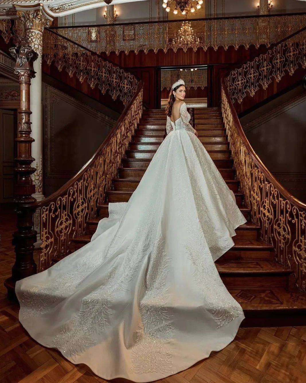 Elegant A Line Women Wedding Dress Sheer Neck Long Sleeves Bridal Gowns Sequins Lace Sweep Train Dress Custom Made