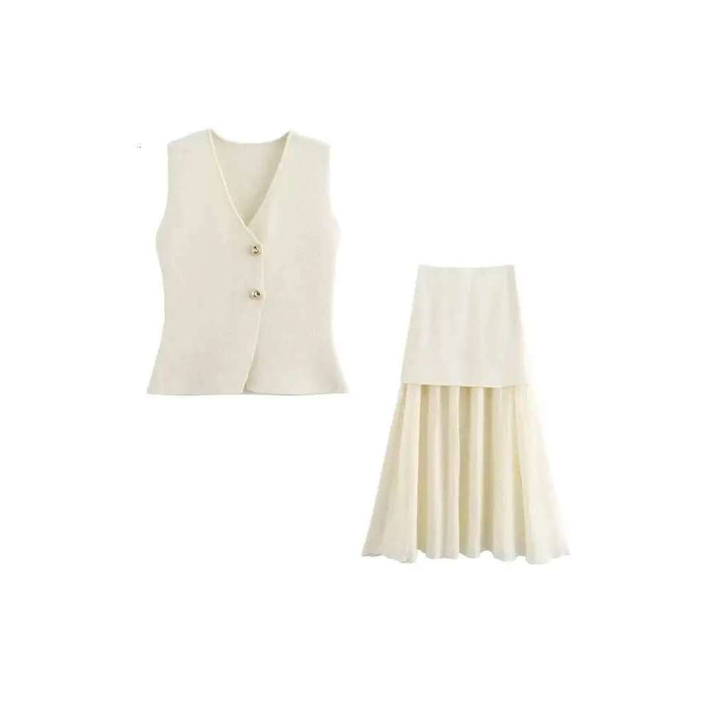 TRZA Women Fashion With Golden Buttons Knit Waistcoat And High Elastic Waist Pleated Midi Skirt Female Two Piece Sets Mujer