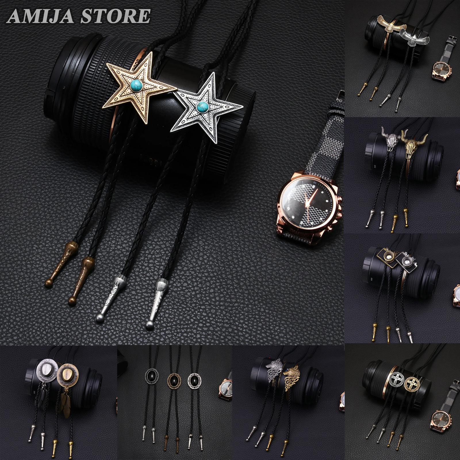 Vintage Western Cowboy Jazz Hat Alloy Mens Bolo Tie Men Women Leather Rope Long Necklace Sweater Shirt Chain Tie Men Accessories 250430