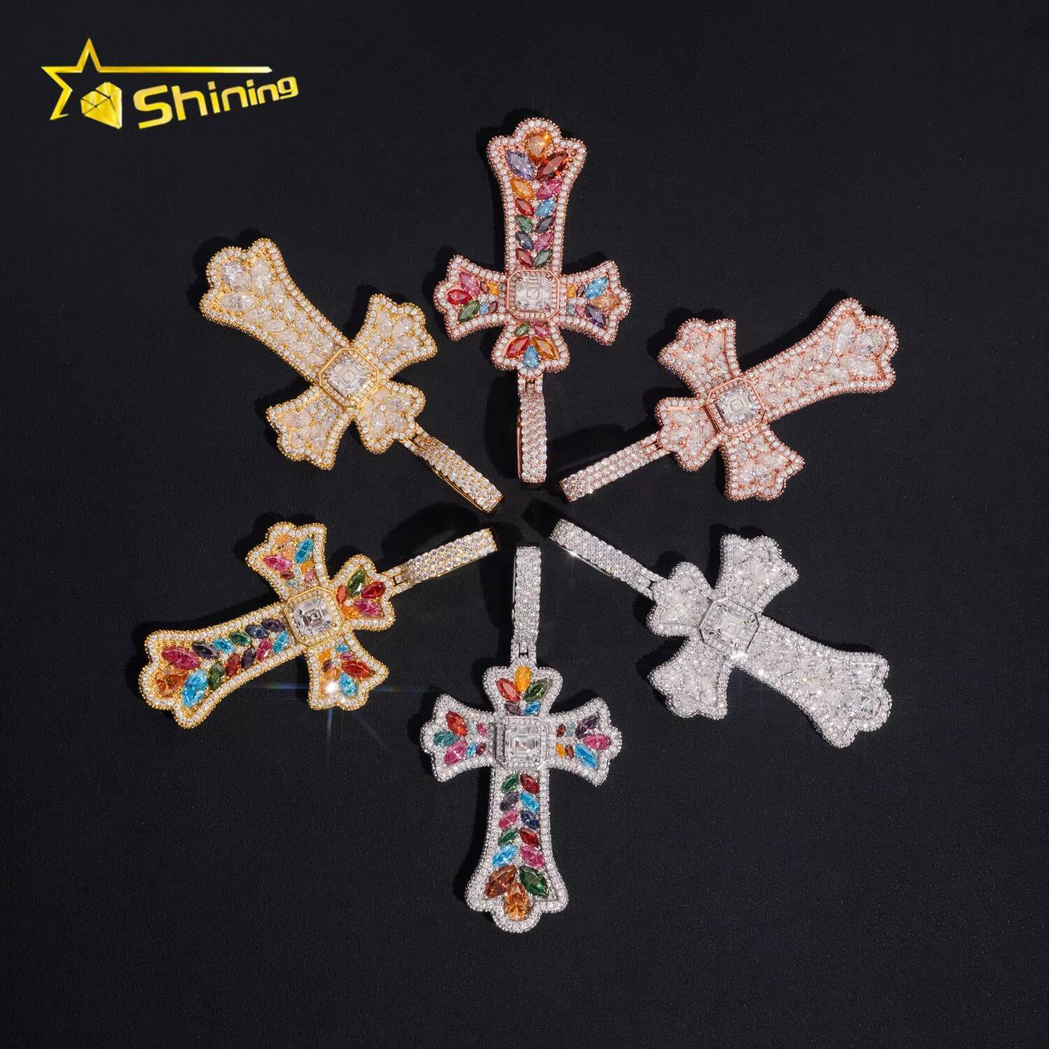 New Arrival Fancy Shape Custom Iced Out Multi Color 925 Silver Cross Diamond Moissanite Pendant