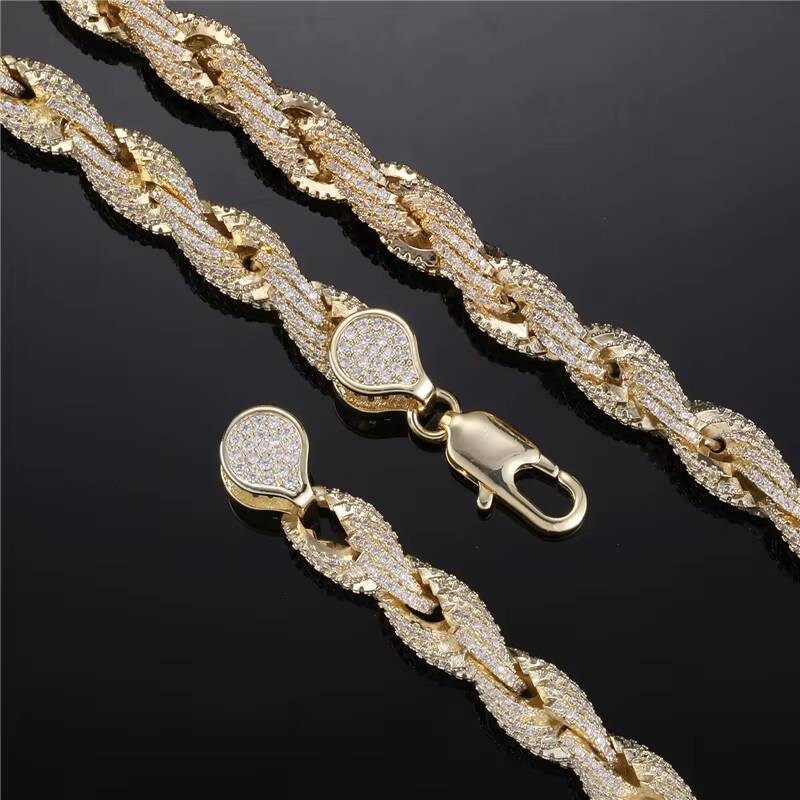 Fashion Trendy Hip Hop Chain Jewelry 8mm Mens Real Silver Gold Plated Twist Chain Iced Out Full of Diamond Rope Chain Necklace