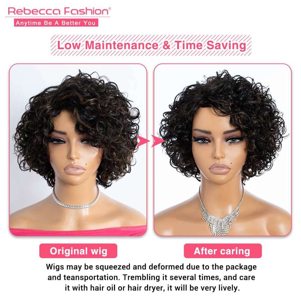 Rebecca Fashion Short Human Hair for Women Cute Curly Bob Wig Side Part Non Lace Glueless Wigs Brazilian Remy Natural Looking Highlight Black Mix Ligh