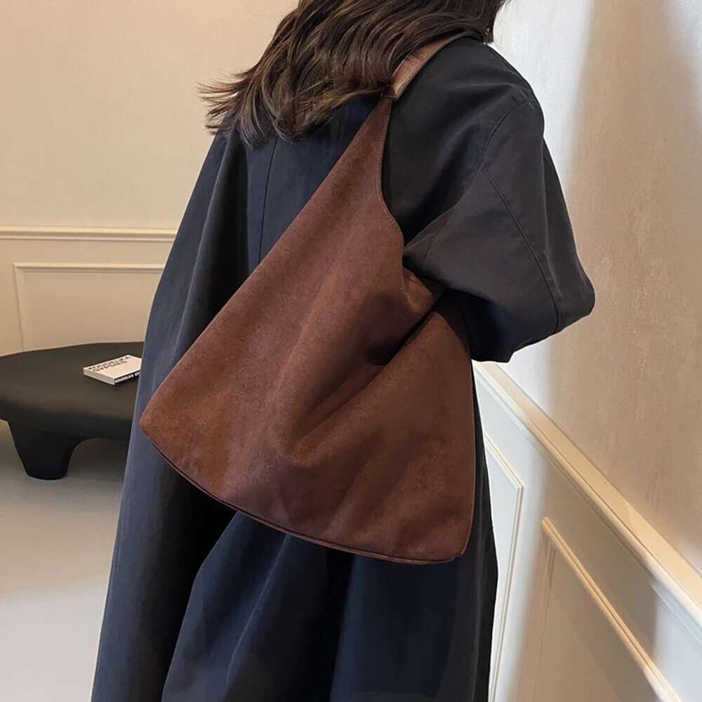 Vintage Women S Large Capacity Faux Suede Shoulder Solid Color Casual Commuter Autumn Winter Classical Tote Bag Bag