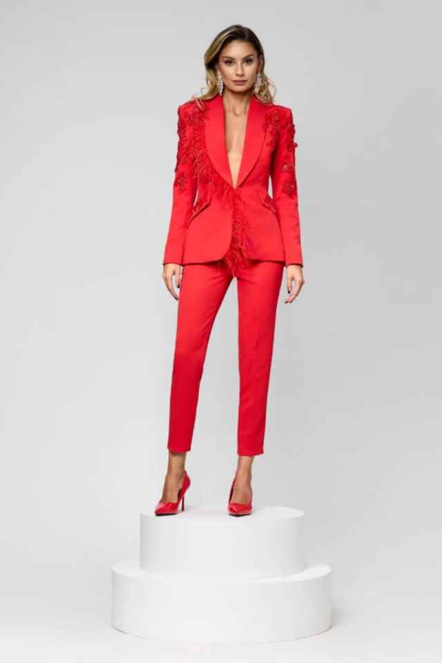 Women Performance Pants Suits 2 Pieces Flowers Sequins Ladies Wear Blazer Prom Birthday Party Customized Jacket Sets