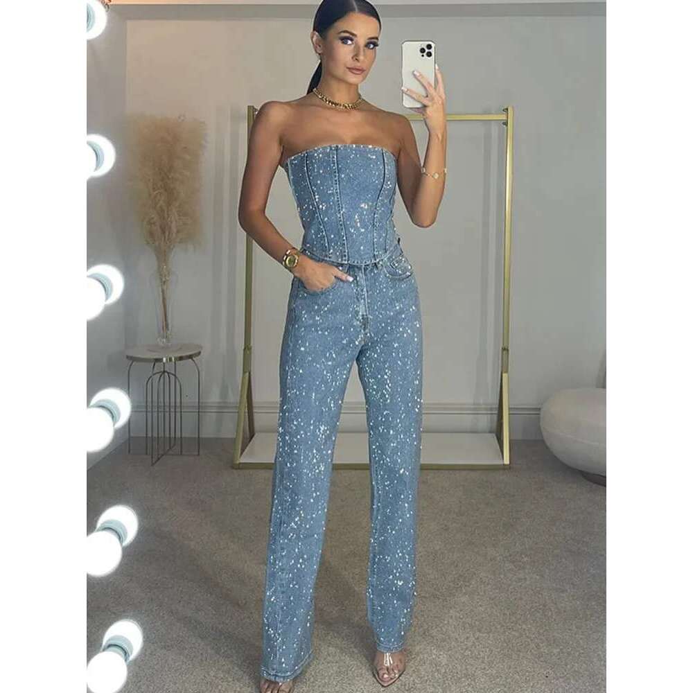 Sequin Denim Tube Crop Top Pants Set Women Sexy Solid Sleeveless Vest High Waist Zipper Jeans 2025 Fashion Street Ladies Outfits