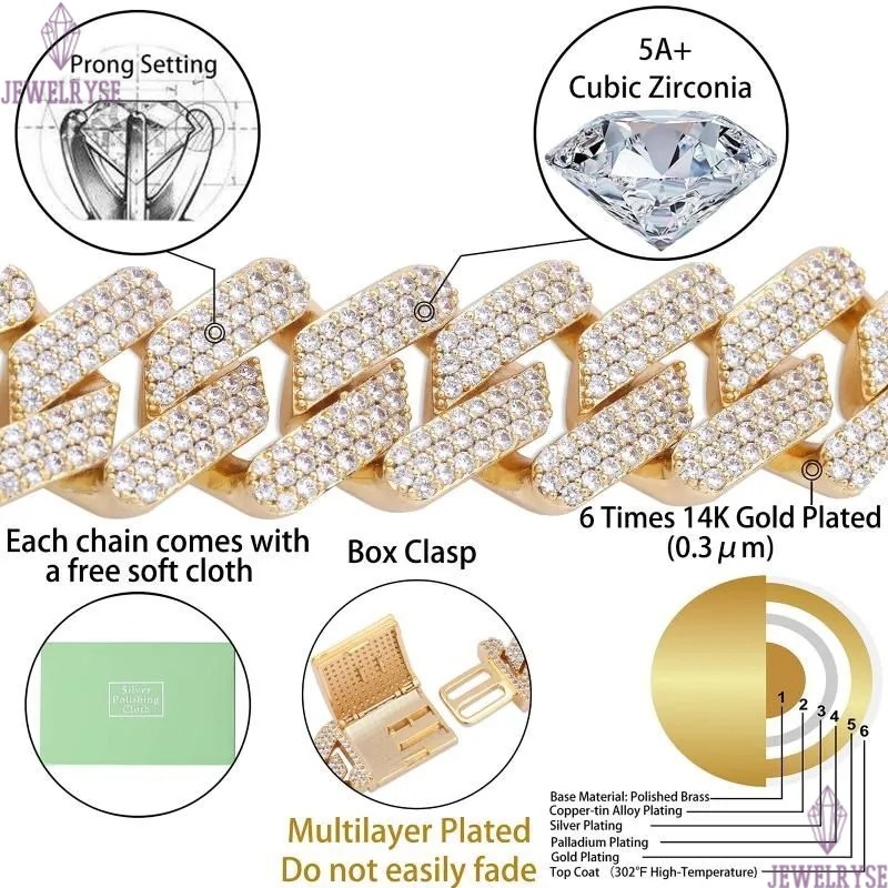 necklace moissanite chain designer jewelry cuban link chain for men stainless steel plated gold 20MM wide 3 row diamond hip hop mens prong iced out ch