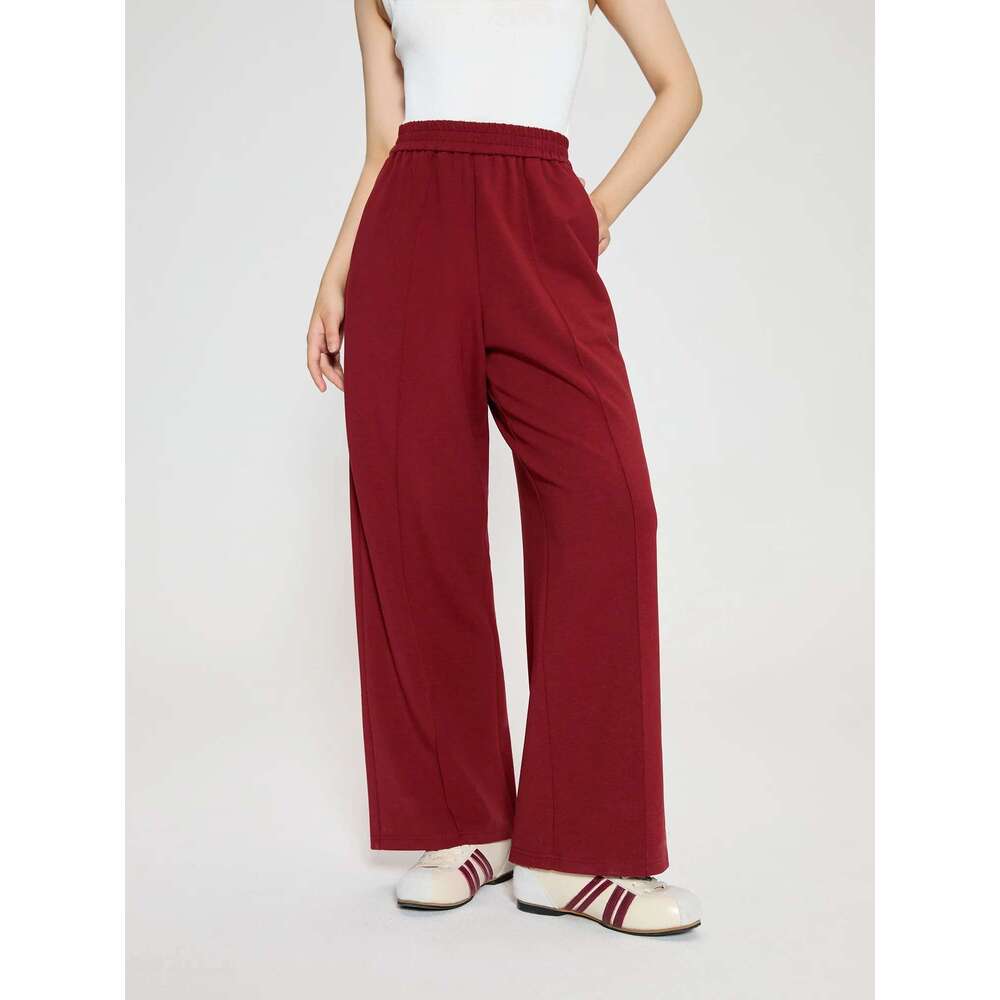 DUSHU Red Pant Casual Sport Style Female Autumn Thick Long Trousers Beige Elastic Waist Straight Pants For Women 24Ds83048