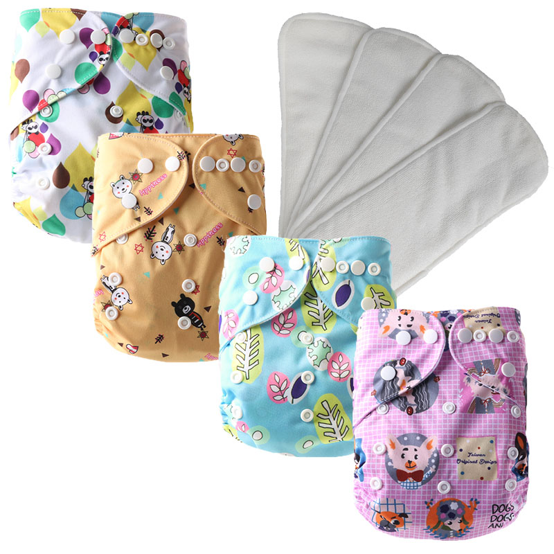 Baby Cloth Diaper Reusable Cloth Nappy Eco-friendly Wholesale Pocket Diaper with Microfiber Insert 4 Sets One Size Fit All Baby Washable Reusable Baby