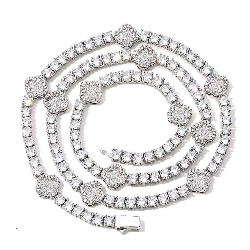 925 Silver Iced Out Tennis Chain VVS Tennis Chain Moissanite 925 SIlver Four Leaf Flower Chain with GRA Certificate