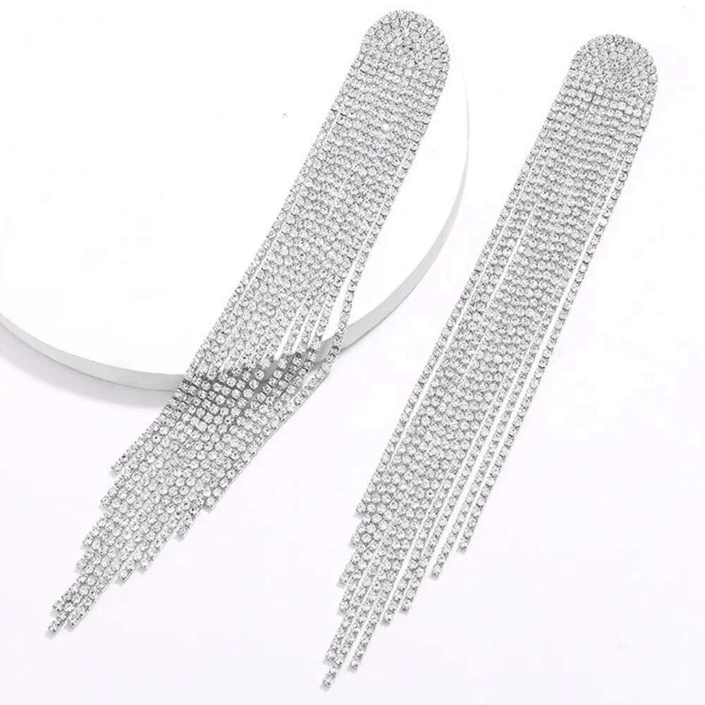 Europe And America New Exaggerated Full Rhinestone Tassel Earrings For Women Party Wedding Statement Jewelry Long Earings Gifts