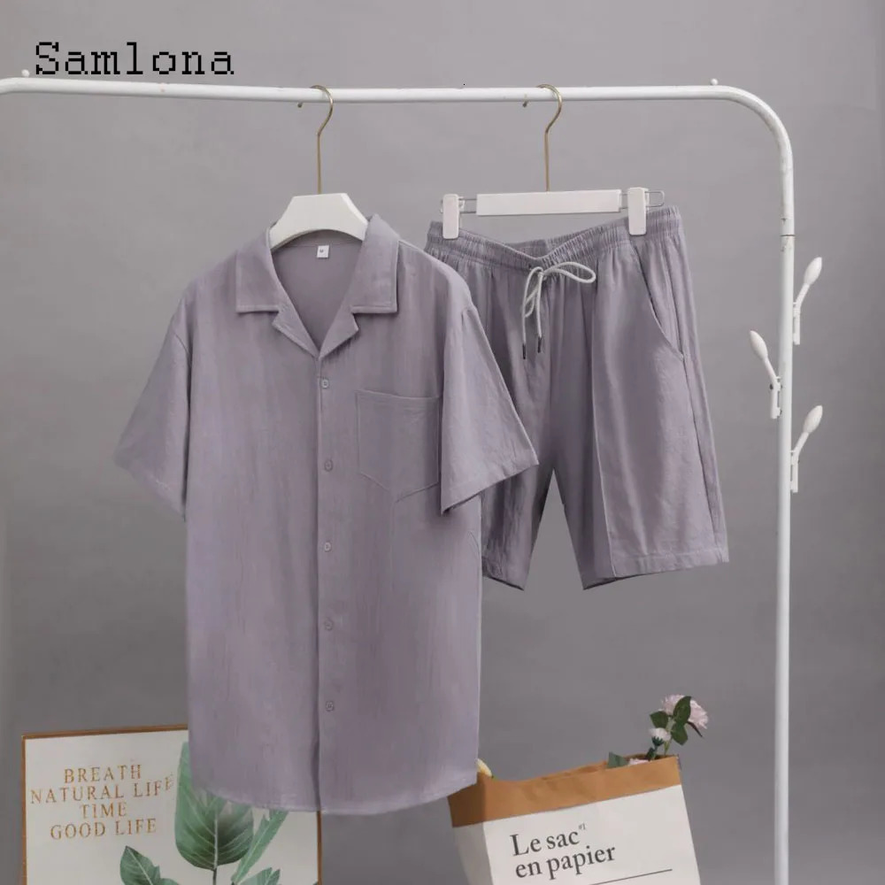 Plus Size 3xl mens casual linen two-piece set Western style fashion shirt and white shorts set mens basic track set 250425