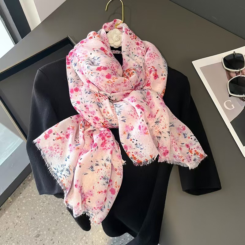 T601 romantic pink cherry blossom scarf female spring and summer travel sun protection photo shawl autumn thin cotton and linen scarf gauze scarf