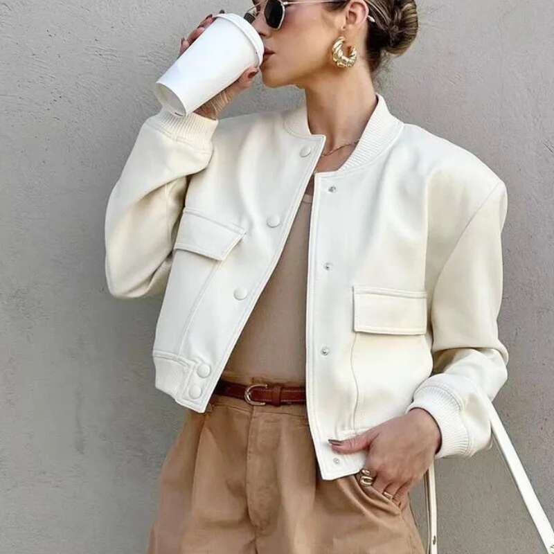 TRAF Women's Bomber Jacket Crop Black Off White Outerwears Spring 2025 New In Coats Aviator Varsity Button Long Sleeve Coat 066