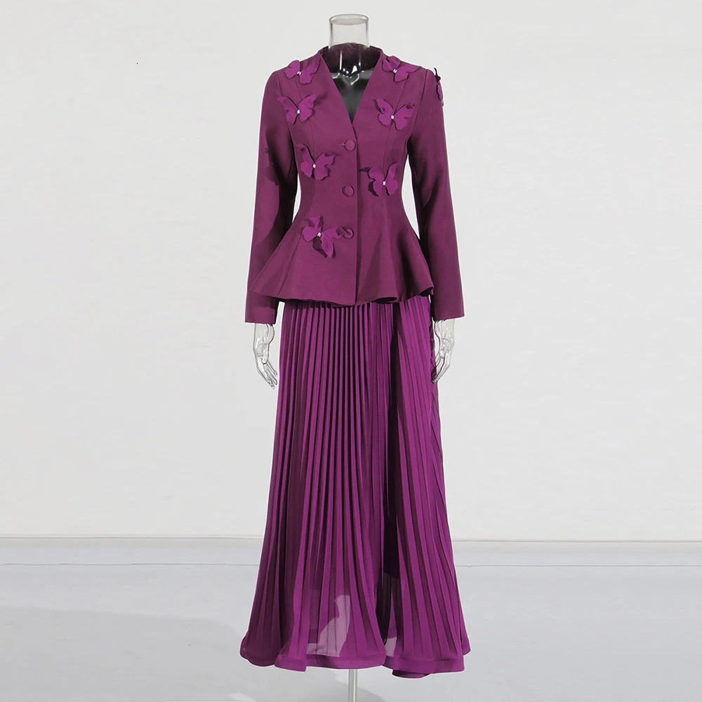 Solid and elegant twopiece womens Vneck long sleeved tuning jacket high waisted pleated formal set 250530