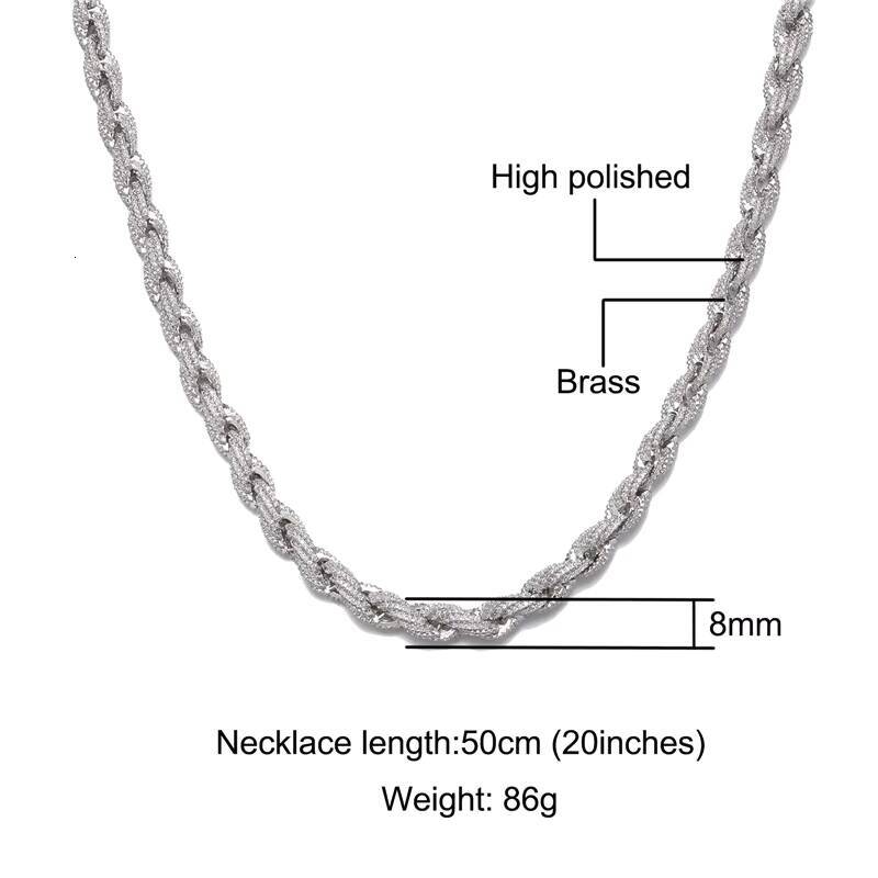 Fashion Trendy Hip Hop Chain Jewelry 8mm Mens Real Silver Gold Plated Twist Chain Iced Out Full of Diamond Rope Chain Necklace