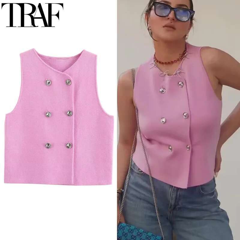 TRAF Sweater Lady Sleeveless Pink Knitted Vest For Women Fall Round Neck Short Sweaters Elegant Knit Vests Woman fashion clothing women