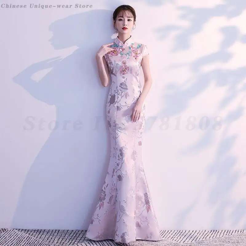 Elegant Women Mermaid Slim Qipao Pink Embroidered Cheongsam Full Length Vestidos Female Evening Party Chinese Dress Size Xs-3Xl