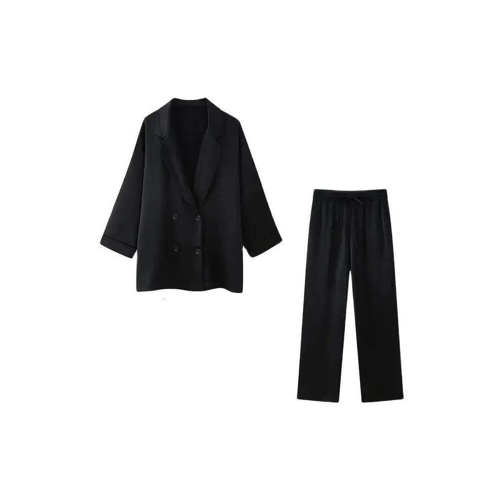 Trza-Women's Double-Breasted Loose Blazer Coat And High Elastic Waist Wide Leg Pants, Female Two Piece Sets, Fashion
