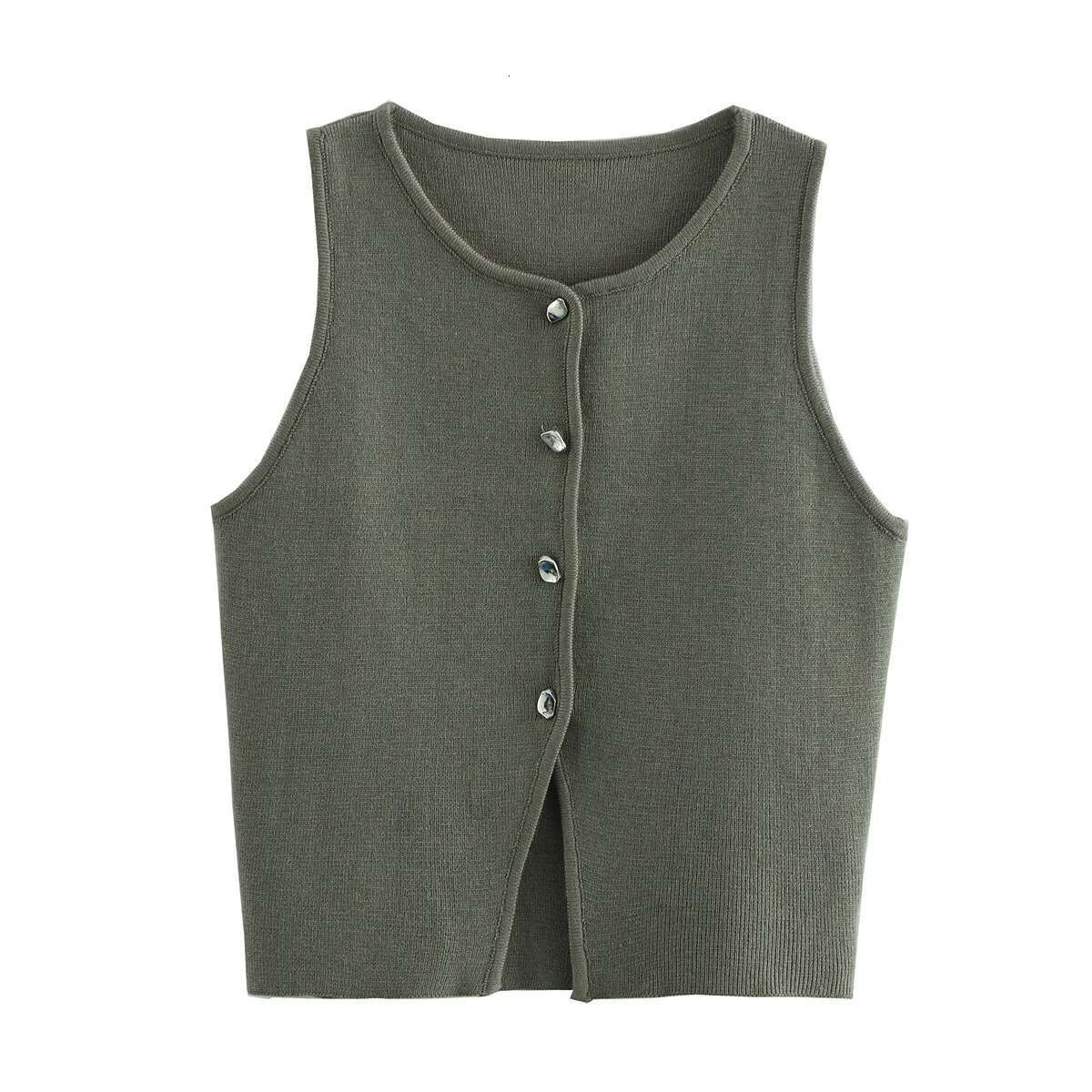 TRAF Pink Knit Sleeveless Cropped Sweater Vest Top Yellow Button Vests for Women Streetwear Waistcoat Knitwears fashion clothing women