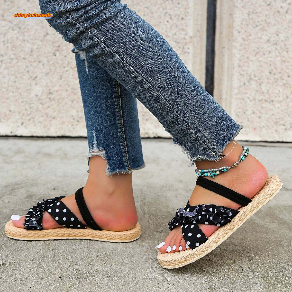 Women's fashion trend, anti slip and wear-resistant lace strap flat heel sandals ddmykukumalu