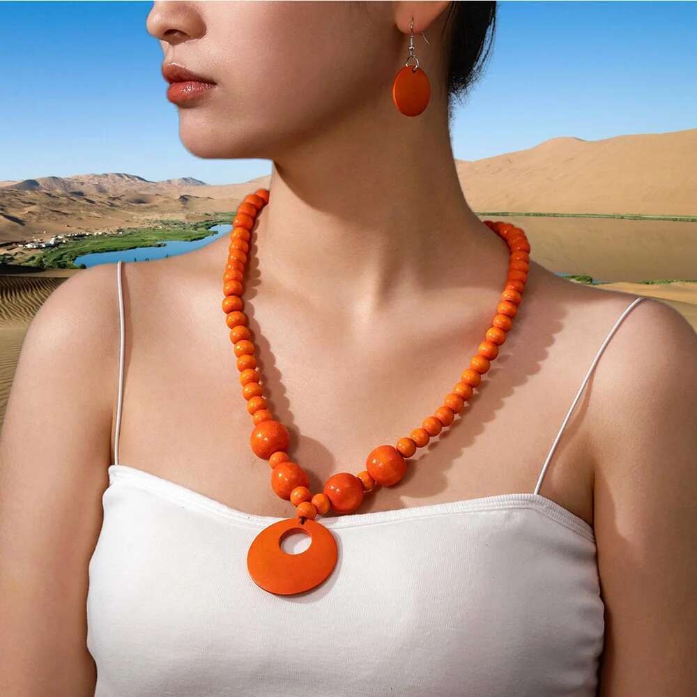 New Fashion Jewelry Set Bohemian Geometric Round Wooden Bead Pendant Necklace And Earrings For Women Vacation Accessories
