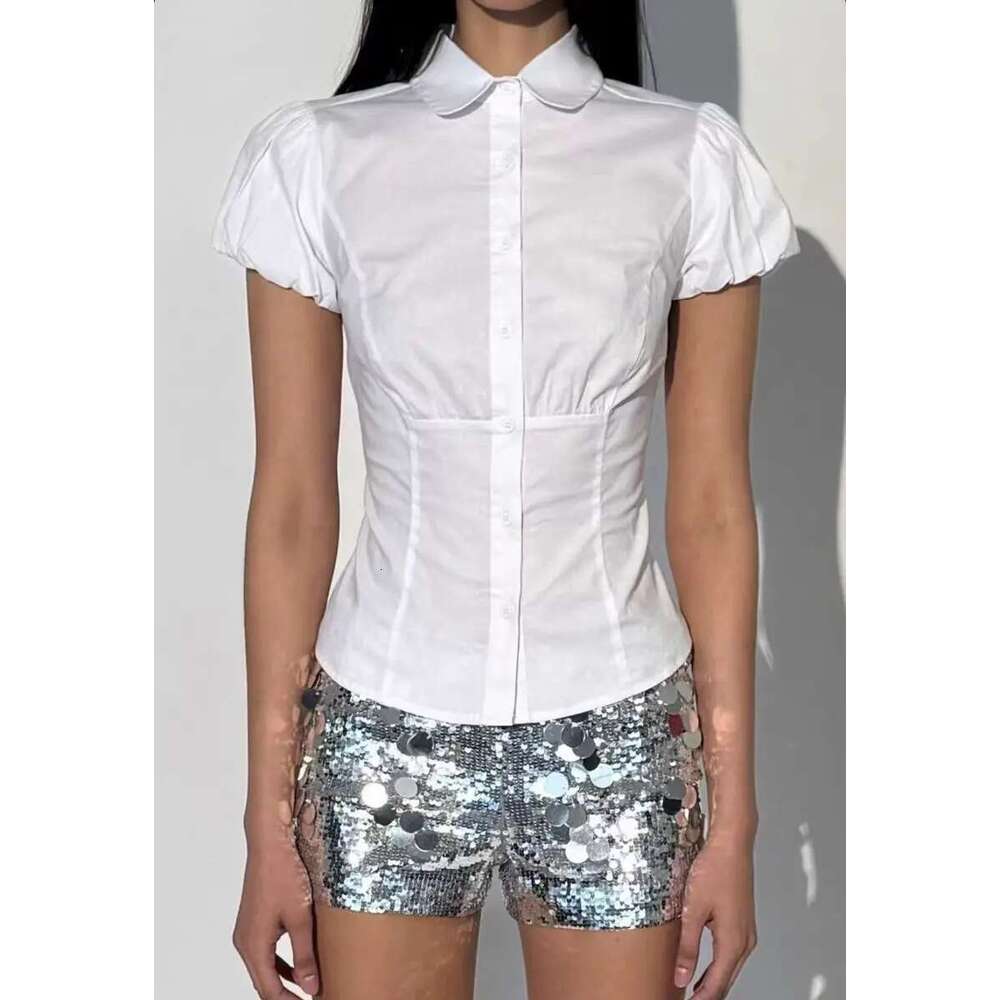 Guizio White Short Sleeved Shirt Cinched Waist And Bubble Sleeves, Designed With Bella Beer Girl's Retro Half Skirt