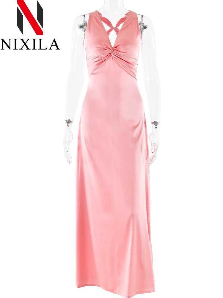 Summer elegant womens fashion sexy V-neck solid shoulder strap backless long ultra-thin satin beach party dress womens clothing W250430
