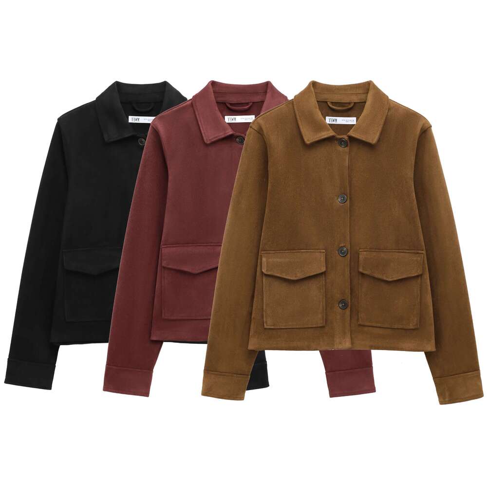 TRAF Women's Suede Texture Jacket 2025 Fashion Long Sleeve Cropped Coats Women Casual New In Outerwear