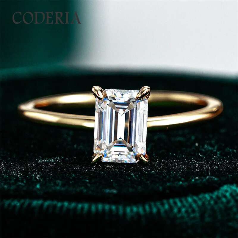 Pass Diamond Test 1CT Emerald Moissanite Ring Plated 18K Gold Women Wedding Jewelry 925 Sterling Silver Finger Band