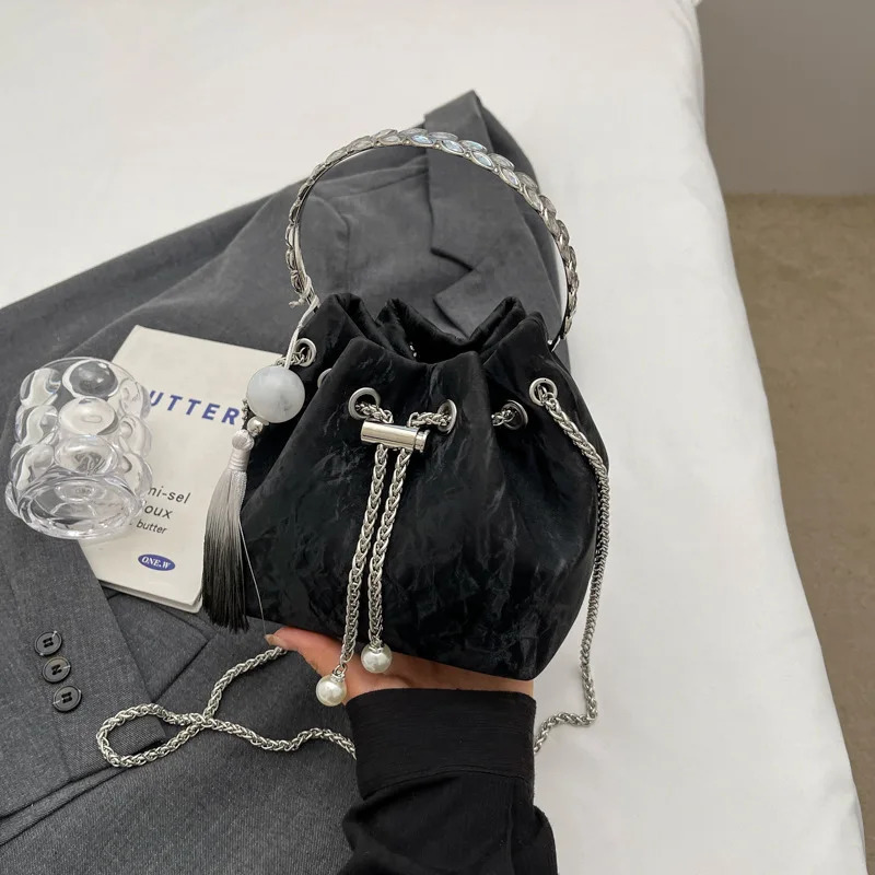 Korean handbag 100 chain shoulder bag cross body bag fashionable womens bucket bag pendant decorative PU material 250427