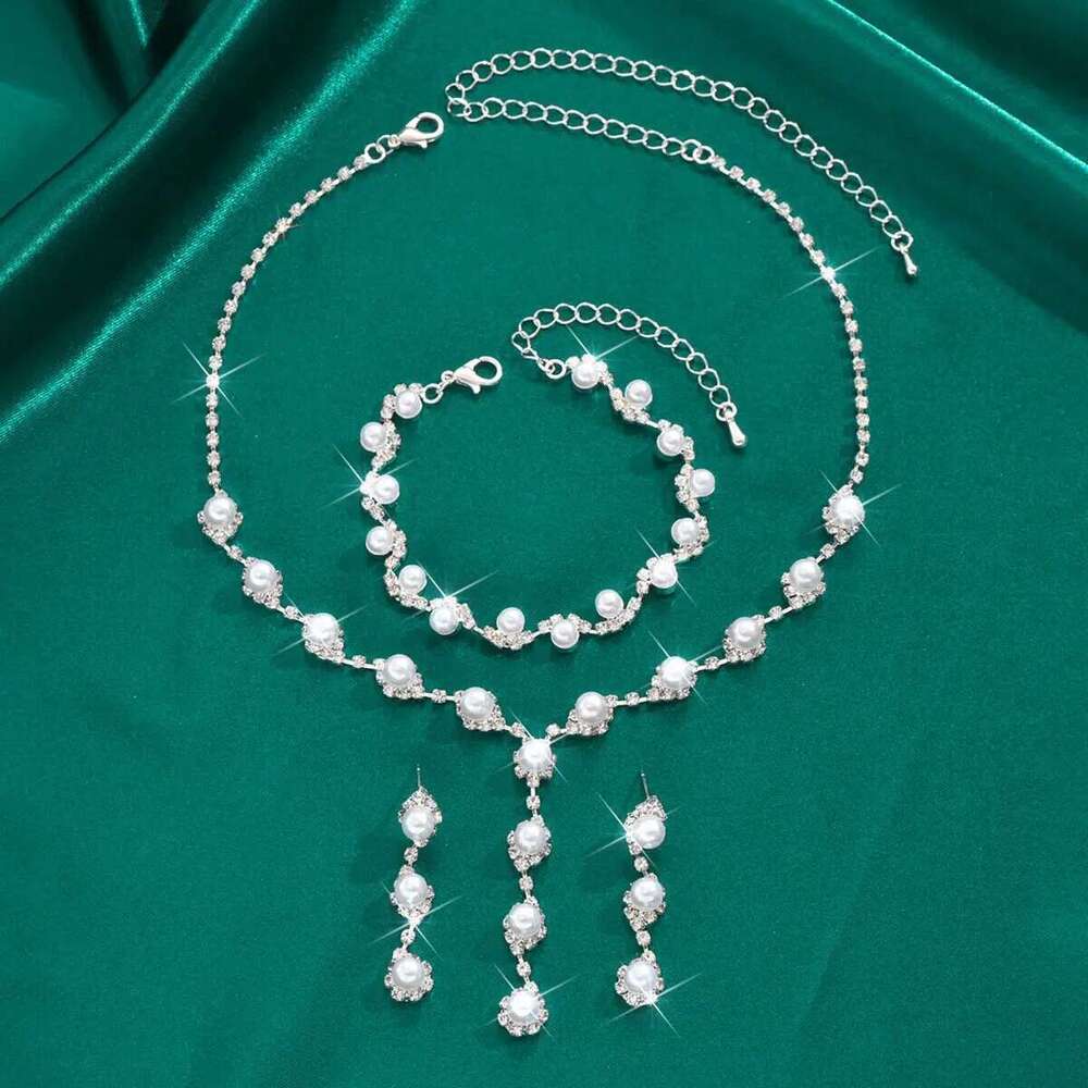 4Pc Women's Fashion Copper Claw Chain Pearl Necklace Earrings Bracelet Jewelry Set Wedding Banquet Party Holiday Gift