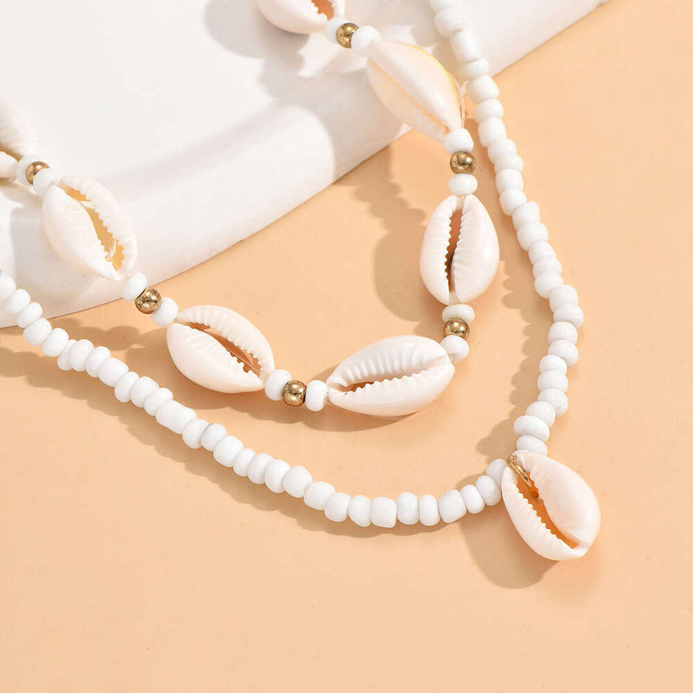 Xiang decoration beach vacation style shell pendant necklace, hand woven rice beads, double-layer stacked collarbone chain