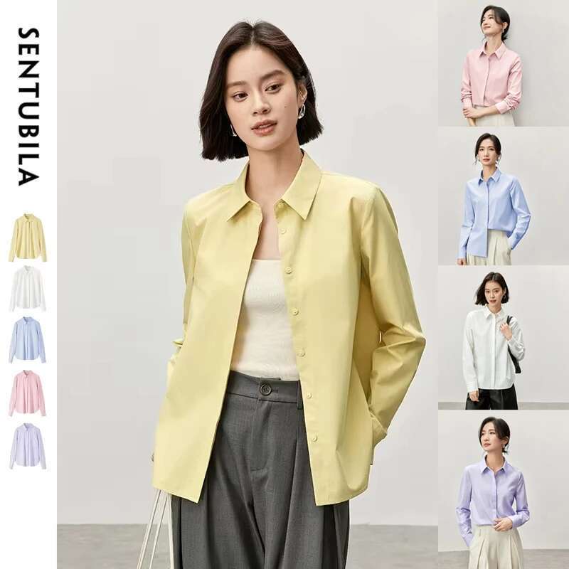 SENTUBILA Women Casual Cotton Shirt 2025 Office Lady Loose Comfort Turn Down Collar Single Breasted Shirts & Blouses 143C56999