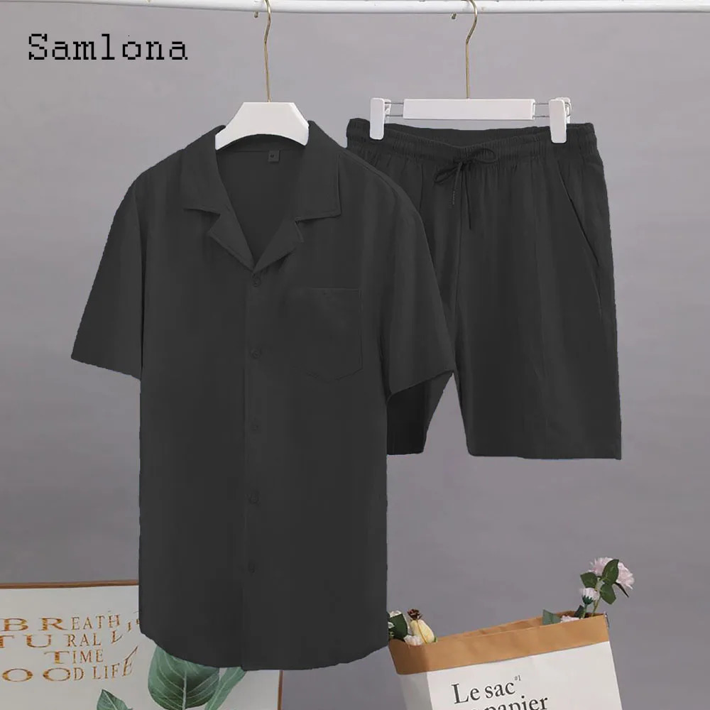 Plus Size 3xl mens casual linen two-piece set Western style fashion shirt and white shorts set mens basic track set 250425