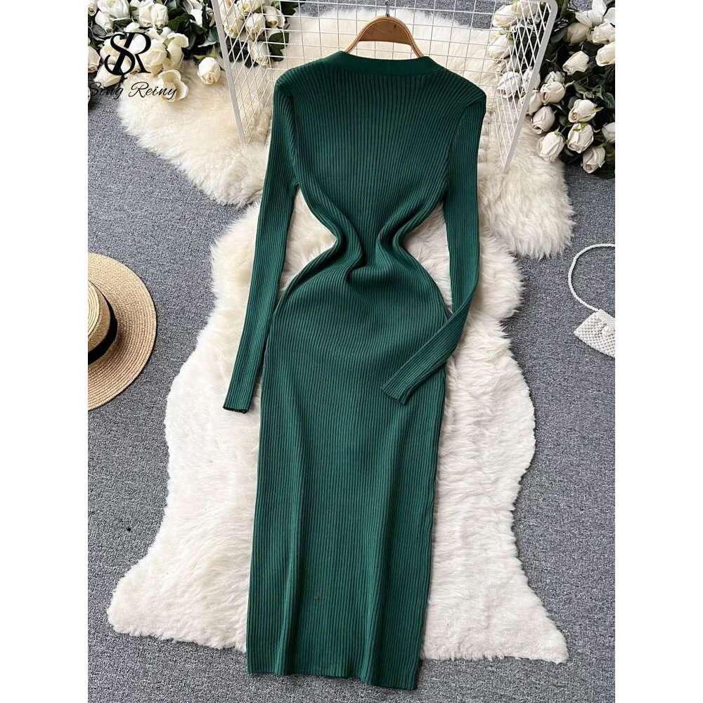 SINGREINY Winter Slim Design Knitted V Neck Single Breasted A Line Split Midi Sleeve Women Sweater Long Dress